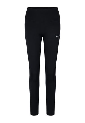 Black leggings made of stretch fabric, featuring a high waistband and a small logo on the left thigh, designed for comfort and mobility.