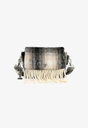 Grijze en crème geblokte handtas met franjes aan de onderkant. Gemaakt van zachte textiel, met zilverkleurige accenten en een afneembare schouderriem.