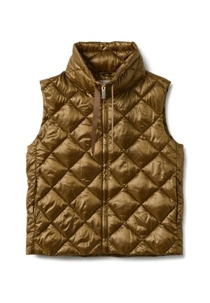 Bonte bruine bodywarmer met een hoge kraag en ritssluiting, voorzien van een glanzende, gladde textuur en een opvallend patroon van ruitvormige steken.