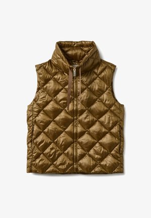 Quilted brown vest with a high collar and zip closure, featuring a shiny, smooth texture and prominent diamond-shaped pattern.