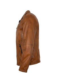 Braune Lederjacke mit einer Reißverschlusstasche, gestickten Details und einer strukturierten Silhouette. Glatte Textur mit tailliertem Design.