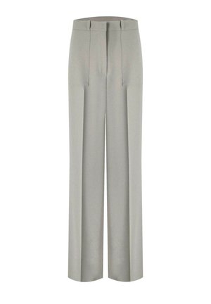 Pantaloni a gamba larga in tessuto grigio chiaro con pieghe, vita piatta e design essenziale. Presentano tasche laterali per una maggiore funzionalità.