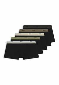 Boxer shorts neri in vari colori con elastico in vita con logo. Sei paia includono opzioni nere, verdi, marroni e crema.