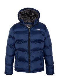 Marineblaue Steppjacke mit einer taillierten Kapuze, Reißverschluss und zwei seitlichen Taschen. Strukturiertes, gestepptes Muster auf einem glänzenden, wasserabweisenden Stoff.
