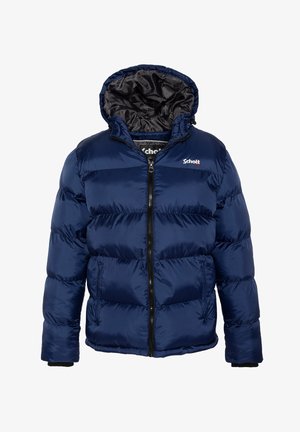 Marineblauwe pufferjack met een aangesloten capuchon, ritssluiting en twee zijzakken. Geproduceerd in een textuur met een gewatteerd patroon op een glanzende, waterbestendige stof.