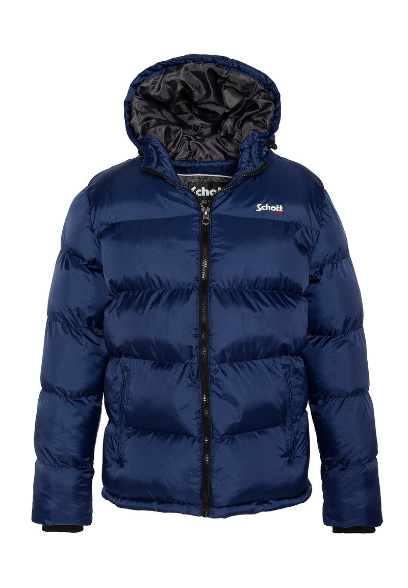 Marineblaue Steppjacke mit einer taillierten Kapuze, Reißverschluss und zwei seitlichen Taschen. Strukturiertes, gestepptes Muster auf einem glänzenden, wasserabweisenden Stoff.