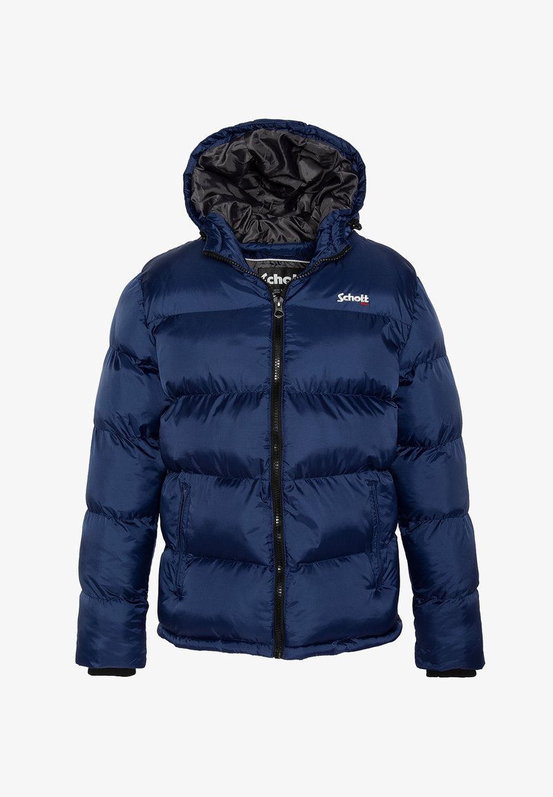 Marineblaue Steppjacke mit einer taillierten Kapuze, Reißverschluss und zwei seitlichen Taschen. Strukturiertes, gestepptes Muster auf einem glänzenden, wasserabweisenden Stoff.