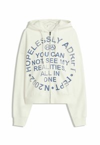 Weiße Zip-Hoodie mit blauer kreisförmiger Schrift: "Hoffnungslos abgetrieben", "Du kannst meine Realitäten nicht sehen", "Alles in einem" und "Sept. Nr. 2."