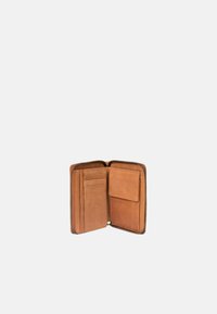 Brown leather wallet, zippered design, multiple card slots, large pocket, smooth texture, and contrast stitching along the edge.