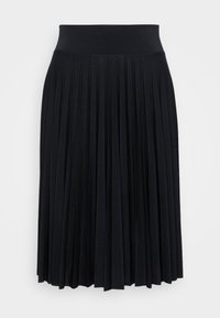 Gonna nera plissettata con una ampia fascia elastica in vita. Realizzata in tessuto morbido, presenta pieghe verticali e un orlo dritto sul fondo.