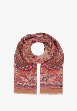 Leichter, paisley-musterter Schal in verschiedenen Rosatönen, Orange und Braun mit fransigen Kanten. Hergestellt aus weichem, atmungsaktivem Stoff.