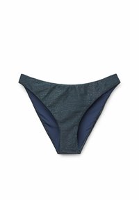 Granatowe majtki od bikini z teksturą przypominającą skórę krokodyla. Posiadają niską talię i gładką podszewkę wewnętrzną.