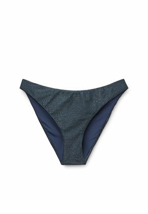 Granatowe majtki od bikini z teksturą przypominającą skórę krokodyla. Posiadają niską talię i gładką podszewkę wewnętrzną.