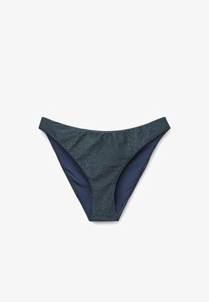 Dunkelblaue Bikinihose mit einer strukturierten Krokodilhaut-Optik. Verfügt über einen niedrigen Bund und ein glattes Innenfutter.