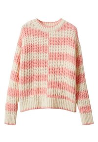 Neulepaita, jossa on vaaleanpunaisia ja kermahuokoisia raidoituksia, pyöreä kaula-aukko, ja ribbaus hihansuissa ja helmassa. Rakenteellinen kangas, jossa on löysä istuvuus.