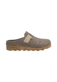 Gray felt clog with a rounded toe, featuring a tan leather tag and a textured cork sole with a wavy pattern.