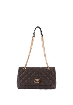 Dunkelbraune gesteppte Lederhandtasche mit goldenen Kettenriemen und einem goldenen ovalen Verschluss mit floralem Design.