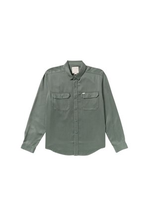 Green long-sleeve button-up shirt made of smooth fabric, featuring two chest pockets and a classic collar, with buttons along the front.