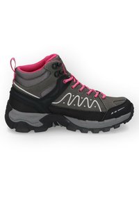 Grau Wanderschuh mit rosa Akzenten, aus strukturiertem Material, mit Gummisohle, verstärkter Zehenpartie und einem gemusterten Design an der Seite.
