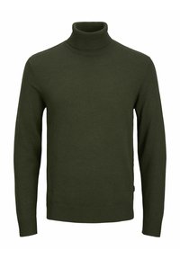 Ciemnozielony golf wykonany z miękkiej dzianiny. Posiada długie rękawy oraz prążkowany kołnierz i dół. Prosty, klasyczny fason.