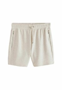 Pantalones cortos informales beige con cinturilla elástica, cordón ajustable y bolsillos laterales con cremallera sobre un fondo blanco.