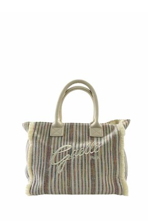 Borsa tote in tessuto a righe con manici crema e bordi sfrangiati, con la scritta "Gaelle Paris" ricamata sul davanti.