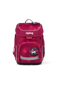 Roze ergonomische schoolrugzak met bloemenpatronen, featuring een eenhoornafbeelding, twee zijvakken, reflecterende strip en handvat bovenaan.