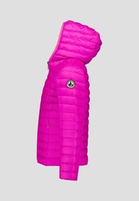 Gewatteerd jack in felroze, met een capuchon, een gewatteerde textuur, een rits aan de voorkant en een ronde logopatch op de linker mouw.
