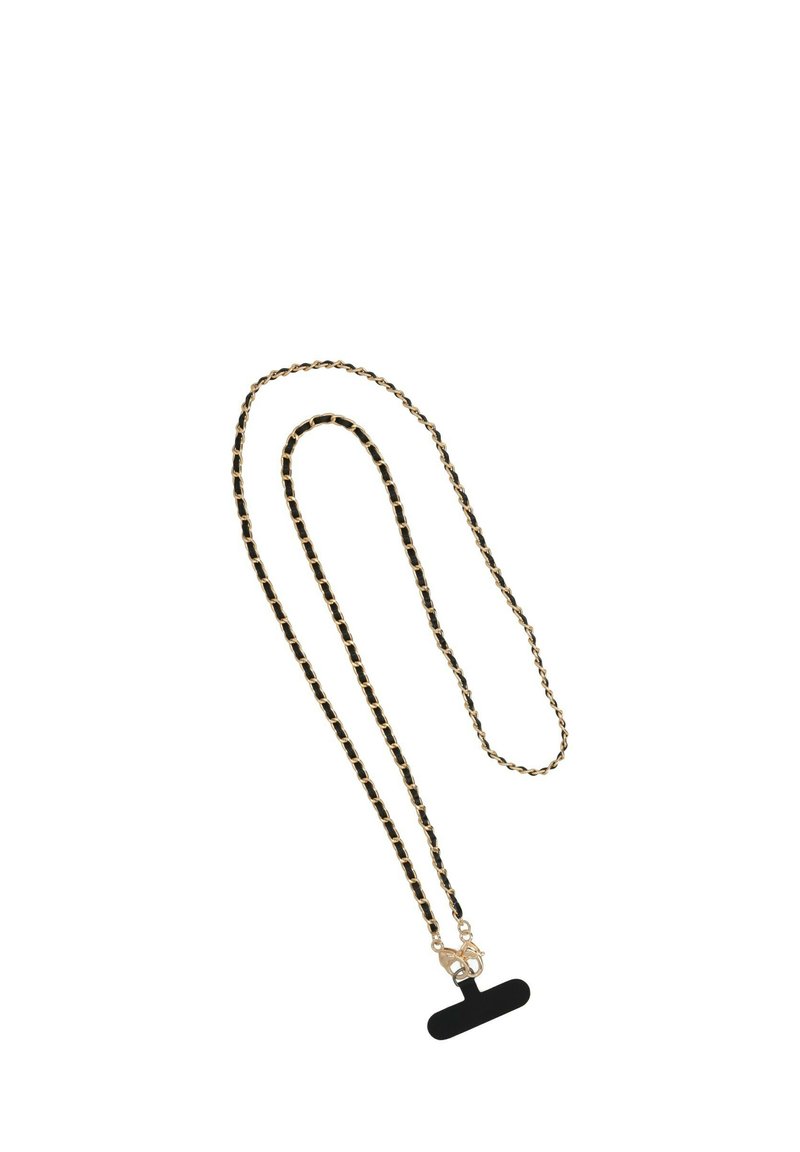 Collana in bronzo e nera con maglie rettangolari e chiusura a scorrimento. Presenta un design lungo e snodato per uno stile versatile.