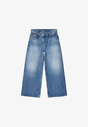 Blauwe wijde denim spijkerbroek met een hoge taille en vervaagde delen op de dijen, voorzien van voorzakken en lussen voor een riem.