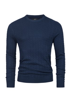 Suéter de punto azul marino con un diseño de trenzas, cuello redondo y puños y dobladillo acanalados. Hecho de hilo texturizado suave.