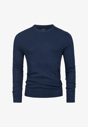 Suéter de punto azul marino con un diseño de trenzas, cuello redondo y puños y dobladillo acanalados. Hecho de hilo texturizado suave.