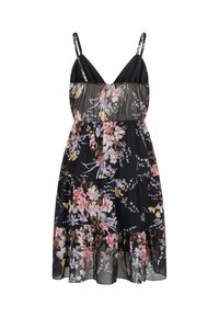 Robe noire sans manches avec fines bretelles et jupe à volants, ornée de motifs floraux multicolores rose, blanc et jaune.