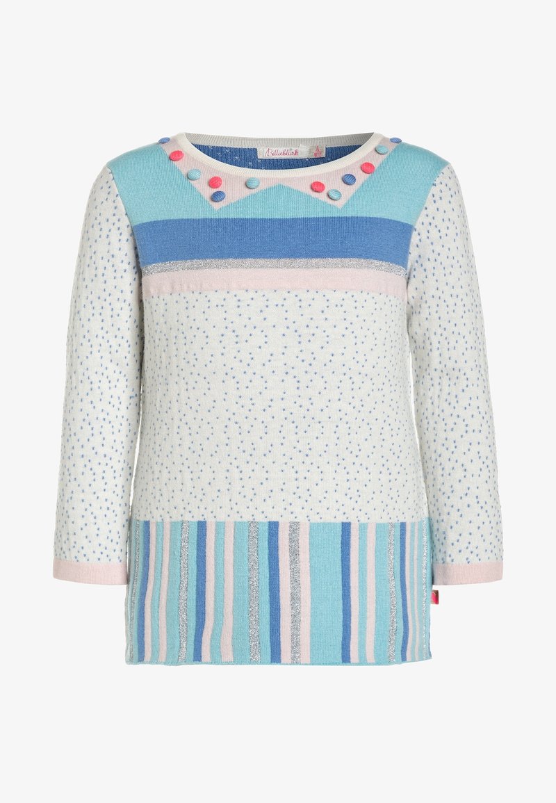 Pull en maille à manches longues avec des motifs bleus, roses et argentés, comprenant des pois, des rayures et des boutons ronds colorés près de l'encolure.
