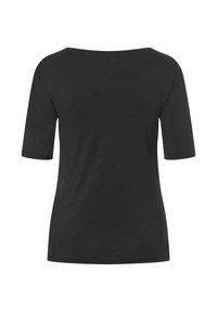 Schwarzes T-Shirt mit kurzen Ärmeln und weitem Ausschnitt, aus weichem Material, mit glatter Textur und lockerer Passform. Keine sichtbaren Muster oder Beschläge.