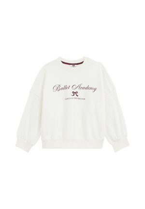 Sweat-shirt blanc à manches longues avec texte bordeaux "Ballet Academy" et "Dance to the rhythm" ainsi qu'un petit motif de nœud sur le devant.