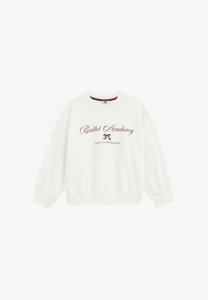 Sweat-shirt blanc à manches longues avec texte bordeaux "Ballet Academy" et "Dance to the rhythm" ainsi qu'un petit motif de nœud sur le devant.