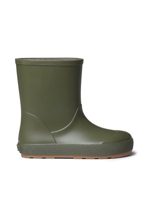 Enkele olijfgroene rubberen regenlaars met gestructureerde zool en afgeronde neus, van de buitenkant getoond op een witte achtergrond.