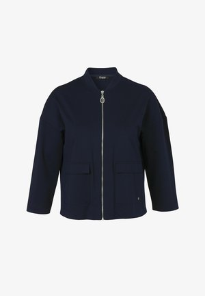 Navy blue zip-up jacket with long sleeves, two front flap pockets, and a round collar, displayed on a white background.