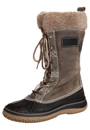 Bruine en zwarte laarzen tot halverwege het kuit met een gestructureerd suède bovenwerk, een warme bontkraag en vetersluiting aan de voorkant. Rubberen zool voor grip en duurzaamheid.