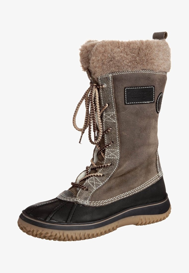 Botte d'hiver haute avec dessus en suède marron, doublure en fourrure en haut, lacets à l'avant, partie inférieure en caoutchouc noir et semelle beige texturée.