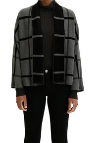 Grauer und schwarzer karierter Cardigan mit weiter, offener Vorderseite, enganliegenden Bündchen und weicher Stoffstruktur. Karomuster durchgehend.