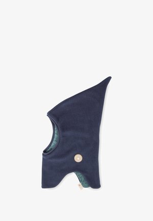 Cappello in pile blu navy con punta allungata e fodera con motivo verde. Presenta un logo circolare e un'apertura per il viso.