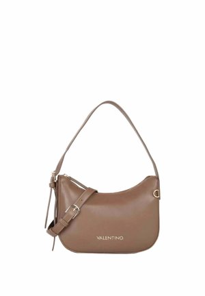 Sac à épaule en cuir marron Valentino avec sangle réglable et boucle dorée, design minimaliste et logo sur le devant.