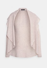 Hellrosa offene Strickjacke mit langen Ärmeln, fließendem Fall, weicher Textur und dem Markenetikett "Repeat Cashmere" im Kragen.