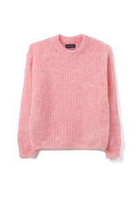 Maglione lavorato a maglia rosa con scollo rotondo, maniche lunghe, morbida consistenza e vestibilità comoda. Etichetta con la scritta "PIOMBO."