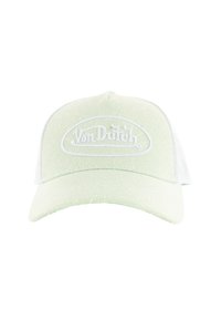 Hellgrübe Kappe aus strukturiertem Stoff mit einem weißen, gestickten Logo. Die Rückseite besteht aus Mesh und hat ein gebogenes Schild.