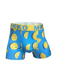 Niebieskie bokserki w wzór cytryn. Wykonane z elastycznego materiału z żółtym paskiem w talii, na którym znajduje się napis „MR” i „UKKO” niebieskimi literami.