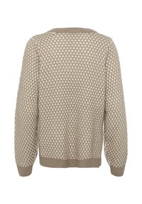 Beige stickad tröja med texturerat prickmönster, rund halsringning och ribbade mudd och nederdel. Bakvikten visar den övergripande designen och passform.