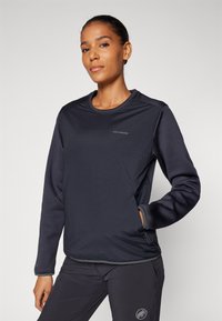 Diepblauwe sweatshirt met lange mouwen en een ronde hals, voorzien van een klein logo, elastische manchetten en een gladde textuur.